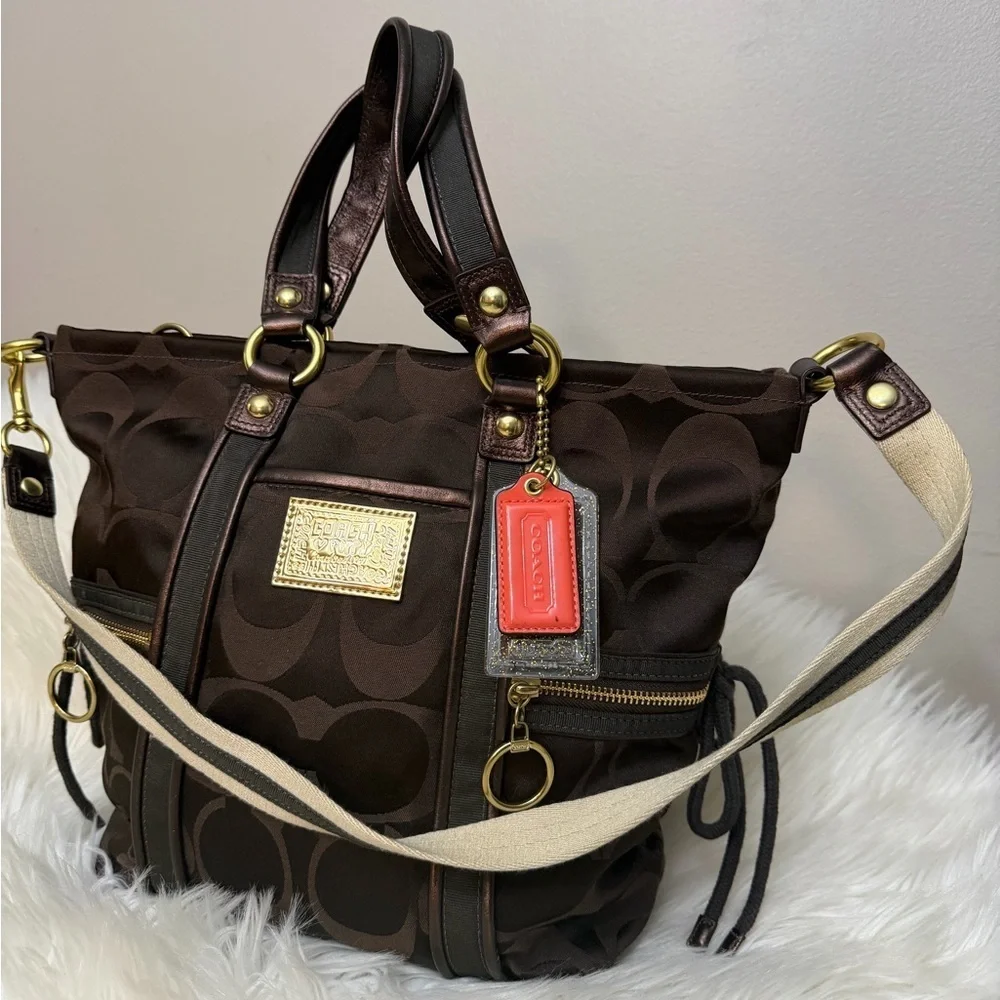 Coach Brown Signature Tote with Contrast Cream Strap#F13843